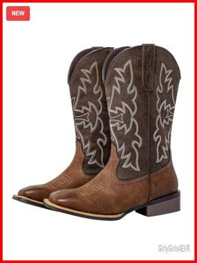 Extra Wide Calf Western Cowboy Boots Women Square Toe Pull-On Faux Leather